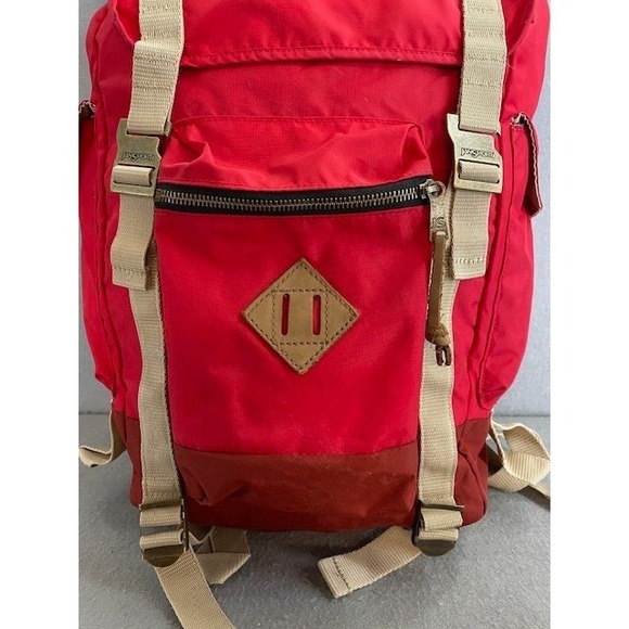 JanSport Heritage Rucksack Backpack Adobe Red Nylon Hiking Bag Tan Straps OOP - Picture 6 of 12